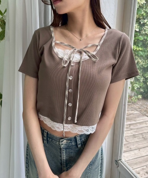 OLIVE des OLIVE（オリーブデオリーブ）の「【夏の着映えが叶う◎】配色レイヤードトップス（Tシャツ/カットソー・レディース・ブラウン/オフホワイト/サックスブルー/ブラック・FREE）」の8枚目の写真