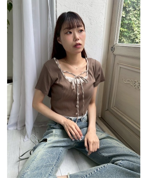 OLIVE des OLIVE（オリーブデオリーブ）の「【夏の着映えが叶う◎】配色レイヤードトップス（Tシャツ/カットソー・レディース・ブラウン/オフホワイト/サックスブルー/ブラック・FREE）」の6枚目の写真