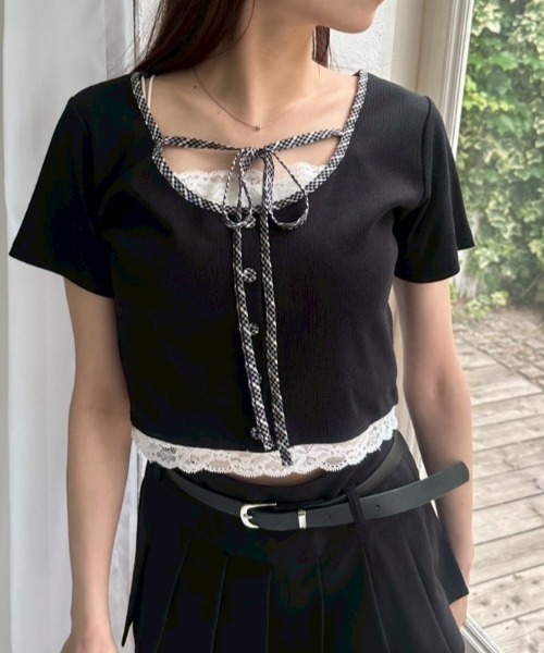 OLIVE des OLIVE（オリーブデオリーブ）の「【夏の着映えが叶う◎】配色レイヤードトップス（Tシャツ/カットソー・レディース・ブラウン/オフホワイト/サックスブルー/ブラック・FREE）」の21枚目の写真