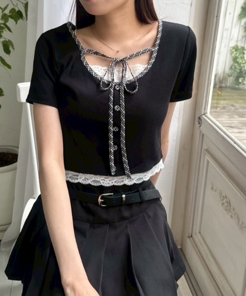 OLIVE des OLIVE（オリーブデオリーブ）の「【夏の着映えが叶う◎】配色レイヤードトップス（Tシャツ/カットソー・レディース・ブラウン/オフホワイト/サックスブルー/ブラック・FREE）」の22枚目の写真