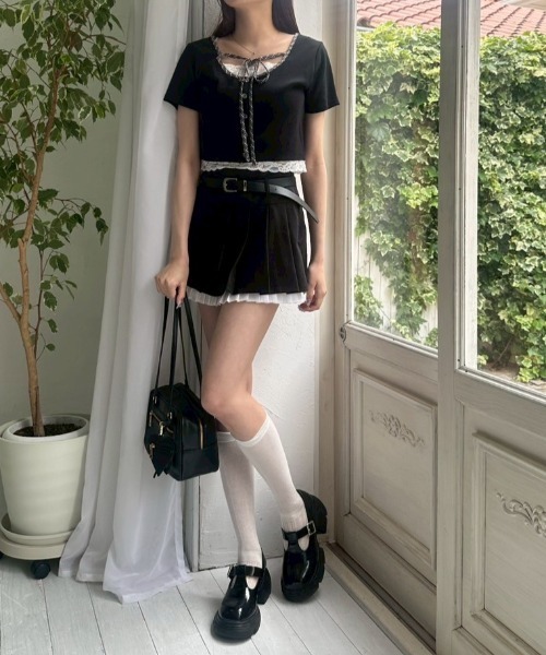 OLIVE des OLIVE（オリーブデオリーブ）の「【夏の着映えが叶う◎】配色レイヤードトップス（Tシャツ/カットソー・レディース・ブラウン/オフホワイト/サックスブルー/ブラック・FREE）」の16枚目の写真