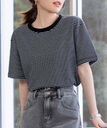 レディース 半袖ボーダー柄クルーネックTシャツ