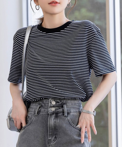 DAY CLOSET（デイ クローゼット）の「レディース 半袖ボーダー柄クルーネックTシャツ（Tシャツ/カットソー・レディース・ホワイト×ブラック/ホワイト×グレー/ブラック×ホワイト・M/L）」の11枚目の写真