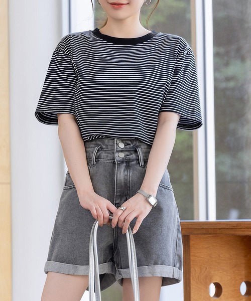 DAY CLOSET（デイ クローゼット）の「レディース 半袖ボーダー柄クルーネックTシャツ（Tシャツ/カットソー・レディース・ホワイト×ブラック/ホワイト×グレー/ブラック×ホワイト・M/L）」の18枚目の写真