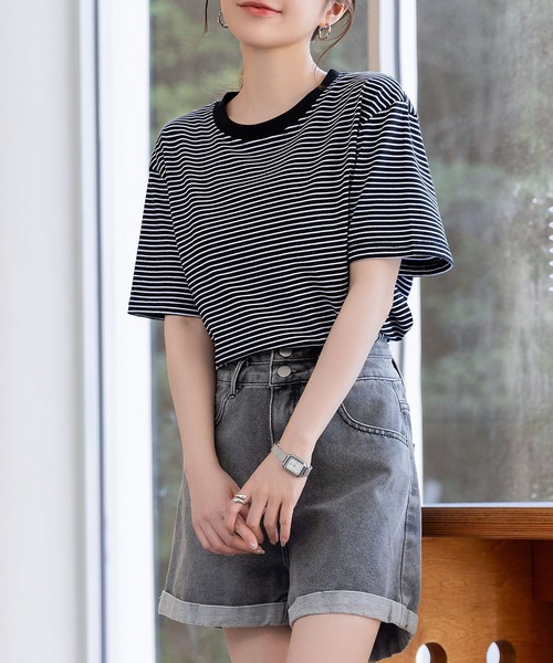 DAY CLOSET（デイ クローゼット）の「レディース 半袖ボーダー柄クルーネックTシャツ（Tシャツ/カットソー・レディース・ホワイト×ブラック/ホワイト×グレー/ブラック×ホワイト・M/L）」の14枚目の写真