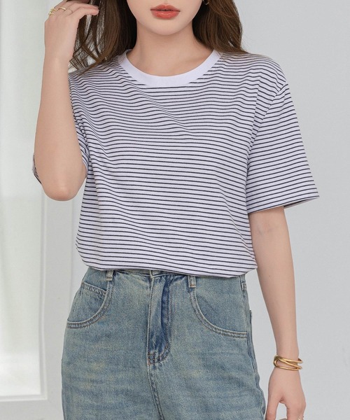 DAY CLOSET（デイ クローゼット）の「レディース 半袖ボーダー柄クルーネックTシャツ（Tシャツ/カットソー・レディース・ホワイト×ブラック/ホワイト×グレー/ブラック×ホワイト・M/L）」の19枚目の写真