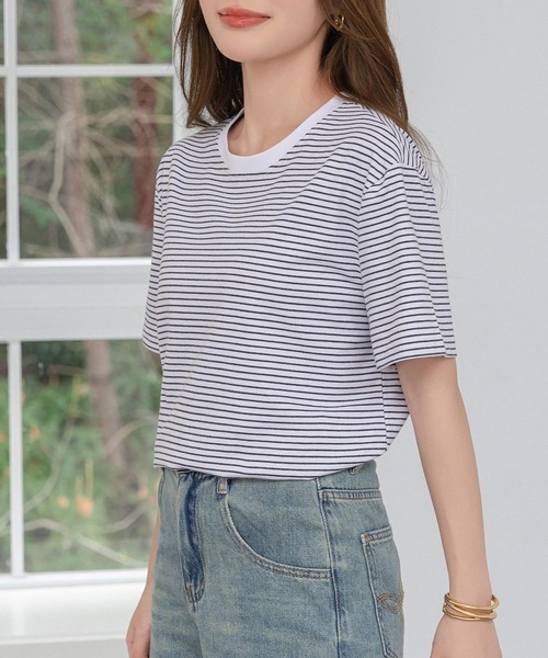 DAY CLOSET（デイ クローゼット）の「レディース 半袖ボーダー柄クルーネックTシャツ（Tシャツ/カットソー・レディース・ホワイト×ブラック/ホワイト×グレー/ブラック×ホワイト・M/L）」の15枚目の写真