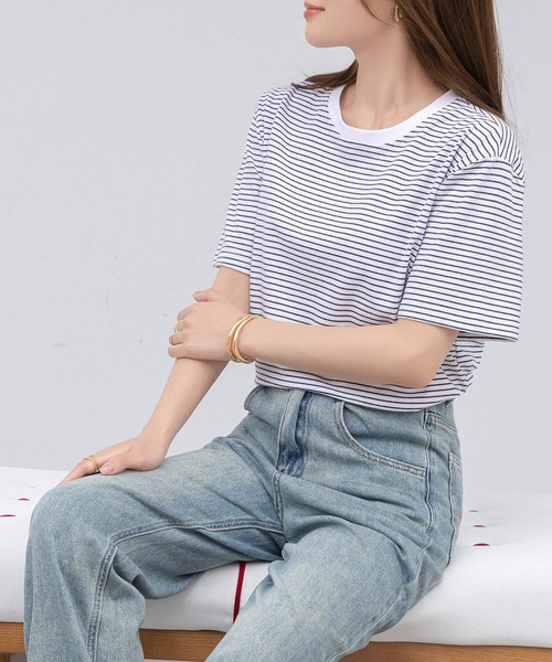 DAY CLOSET（デイ クローゼット）の「レディース 半袖ボーダー柄クルーネックTシャツ（Tシャツ/カットソー・レディース・ホワイト×ブラック/ホワイト×グレー/ブラック×ホワイト・M/L）」の8枚目の写真