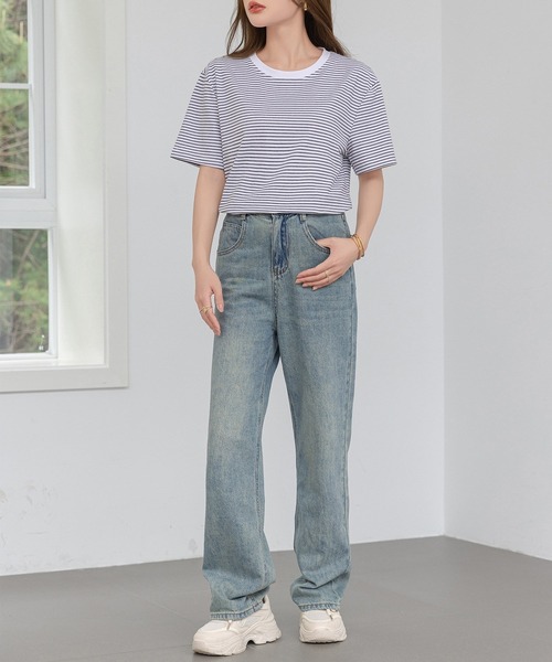 DAY CLOSET（デイ クローゼット）の「レディース 半袖ボーダー柄クルーネックTシャツ（Tシャツ/カットソー・レディース・ホワイト×ブラック/ホワイト×グレー/ブラック×ホワイト・M/L）」の5枚目の写真