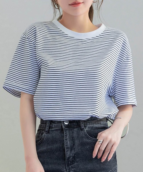 DAY CLOSET（デイ クローゼット）の「レディース 半袖ボーダー柄クルーネックTシャツ（Tシャツ/カットソー・レディース・ホワイト×ブラック/ホワイト×グレー/ブラック×ホワイト・M/L）」の20枚目の写真