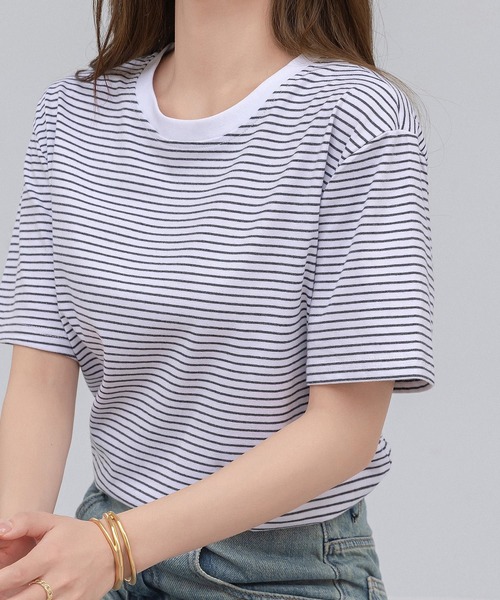 DAY CLOSET（デイ クローゼット）の「レディース 半袖ボーダー柄クルーネックTシャツ（Tシャツ/カットソー・レディース・ホワイト×ブラック/ホワイト×グレー/ブラック×ホワイト・M/L）」の13枚目の写真