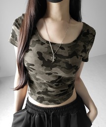 me+em select（ミームセレクト）の「【 ２color 】ヴィンテージカモフラスクエアネックショートＴシャツ ／ vintage camouflage square neck short T-shirt（Tシャツ/カットソー）」