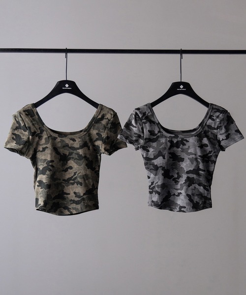 me+em select(ミームセレクト)の「【 2color 】ヴィンテージカモフラスクエアネックショートTシャツ / vintage camouflage square neck short T-shirt(Tシャツ/カットソー・レディース・グレー/カーキ・FREE)」の3枚目の写真