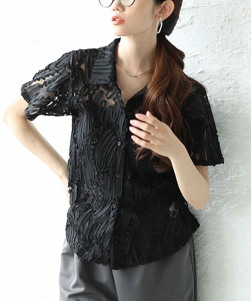 Sawa a la mode(サワアラモード)の「チュールリボンレースシャツ(シャツ/ブラウス・レディース・アイボリー/ブラック・FREE)」の1枚目の写真