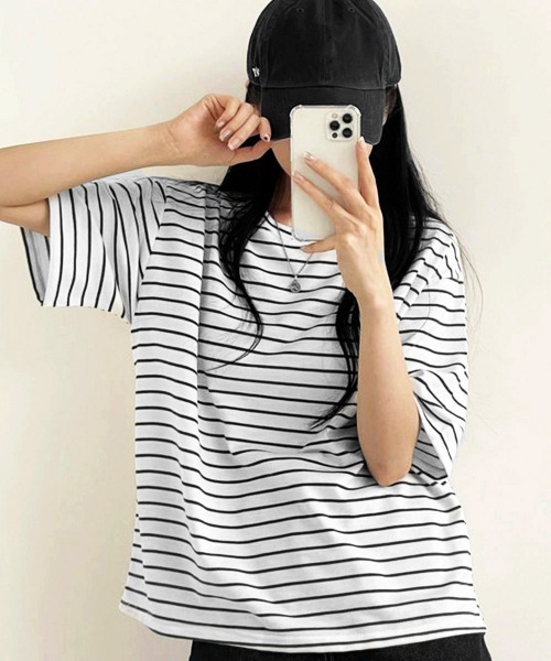 Miniministore(ミニミニストア)の「ボーダー柄tシャツ レディース 半袖夏服(Tシャツ/カットソー・レディース・イエロー/グリーン/ブラック・FREE)」の4枚目の写真
