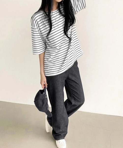 Miniministore(ミニミニストア)の「ボーダー柄tシャツ レディース 半袖夏服(Tシャツ/カットソー・レディース・イエロー/グリーン/ブラック・FREE)」の5枚目の写真