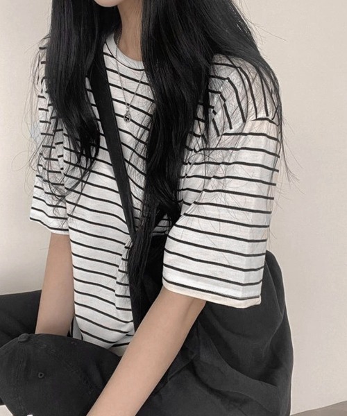 Miniministore(ミニミニストア)の「ボーダー柄tシャツ レディース 半袖夏服(Tシャツ/カットソー・レディース・イエロー/グリーン/ブラック・FREE)」の7枚目の写真