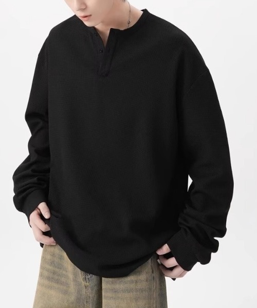 link lot(リンクロット)の「ビッグシルエットワッフル無地ヘンリーネックロンT(Tシャツ/カットソー・メンズ・ブラック/ホワイト/グレー・M/L)」の14枚目の写真