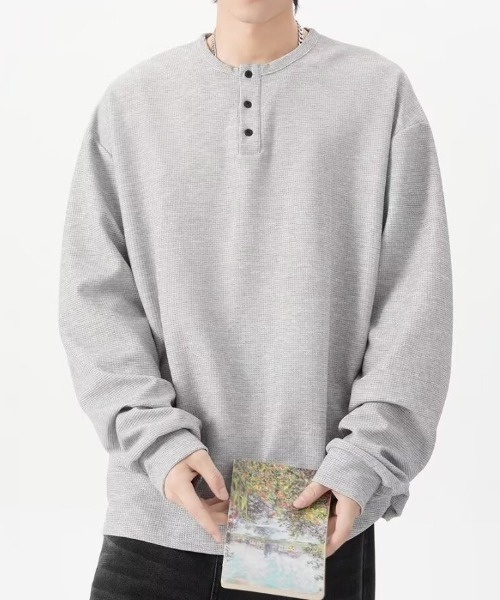 link lot(リンクロット)の「ビッグシルエットワッフル無地ヘンリーネックロンT(Tシャツ/カットソー・メンズ・ブラック/ホワイト/グレー・M/L)」の15枚目の写真