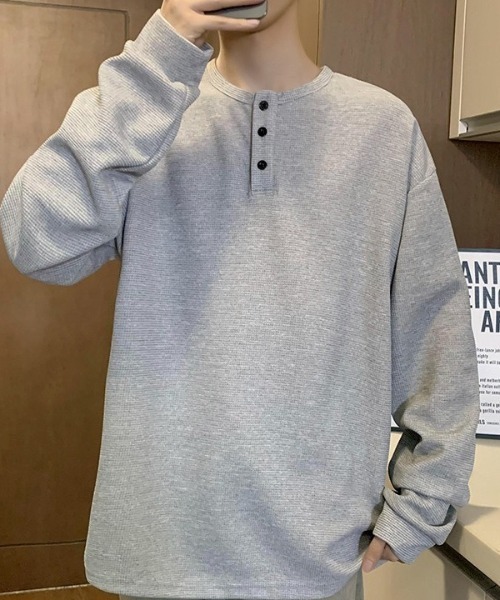 link lot(リンクロット)の「ビッグシルエットワッフル無地ヘンリーネックロンT(Tシャツ/カットソー・メンズ・ブラック/ホワイト/グレー・M/L)」の4枚目の写真