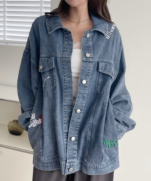 A.D.C.L.（エーディーシーエル）の「ランダム刺繍ワッペン付き オーバーサイズ ビックシルエット デニムジャケット（Gジャン）（デニムジャケット・レディース・ネイビー/ブルー・M/L）」の15枚目の写真