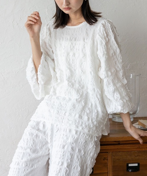 No Rule No Line（ノール－ルノーライン）の「ボリュームスリーブブラウス セレモニー オケージョン 結婚式 セットアップ対応 カセットスタイル対応(別売り)（Tシャツ/カットソー・レディース・ブラック/ホワイト・FREE）」の2枚目の写真