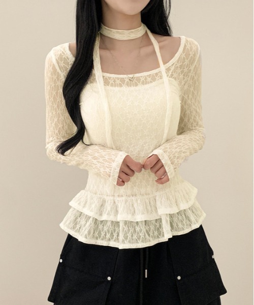 gossip!ロサンゼルス(ゴシップロサンゼルス)の「ストールセット総レースフリルブラウス y2k(Tシャツ/カットソー・レディース・ベージュ/ホワイト・FREE)」の2枚目の写真