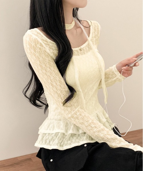 gossip!ロサンゼルス(ゴシップロサンゼルス)の「ストールセット総レースフリルブラウス y2k(Tシャツ/カットソー・レディース・ベージュ/ホワイト・FREE)」の5枚目の写真