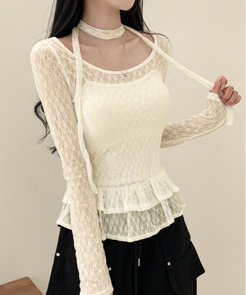gossip!ロサンゼルス(ゴシップロサンゼルス)の「ストールセット総レースフリルブラウス y2k(Tシャツ/カットソー・レディース・ベージュ/ホワイト・FREE)」の7枚目の写真