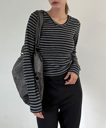 ボーダー ロングスリーブ フード付き ニット トップス