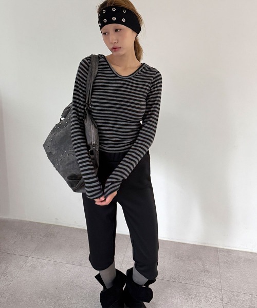 4INT.（フォイント）の「ボーダー ロングスリーブ フード付き ニット トップス（Tシャツ/カットソー・レディース・ブラック/チャコール/ブラウン・FREE）」の15枚目の写真