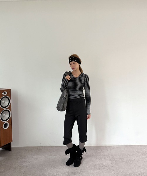 4INT.（フォイント）の「ボーダー ロングスリーブ フード付き ニット トップス（Tシャツ/カットソー・レディース・ブラック/チャコール/ブラウン・FREE）」の16枚目の写真