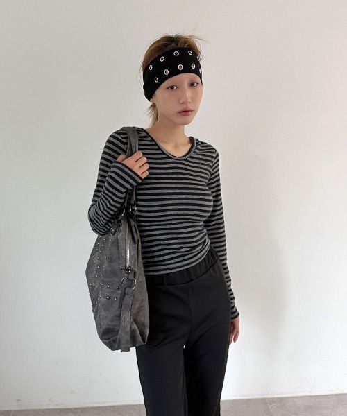 4INT.（フォイント）の「ボーダー ロングスリーブ フード付き ニット トップス（Tシャツ/カットソー・レディース・ブラック/チャコール/ブラウン・FREE）」の18枚目の写真