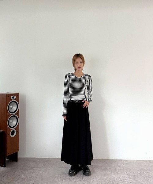 4INT.（フォイント）の「ボーダー ロングスリーブ フード付き ニット トップス（Tシャツ/カットソー・レディース・ブラック/チャコール/ブラウン・FREE）」の7枚目の写真