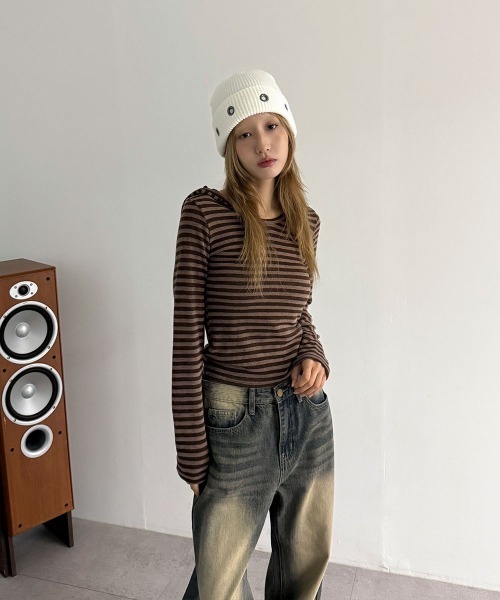 4INT.（フォイント）の「ボーダー ロングスリーブ フード付き ニット トップス（Tシャツ/カットソー・レディース・ブラック/チャコール/ブラウン・FREE）」の20枚目の写真