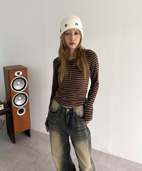 4INT.（フォイント）の「ボーダー ロングスリーブ フード付き ニット トップス（Tシャツ/カットソー・レディース・ブラック/チャコール/ブラウン・FREE）」の22枚目の写真