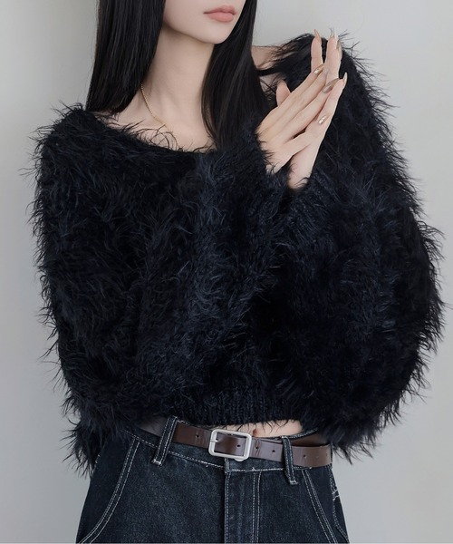 FINEnough(ファインナフ)の「ふんわりシャギーニットクロップド丈トップス(ニット/セーター・レディース・ベージュ/ホワイト/ブラック/グレー・FREE)」の12枚目の写真