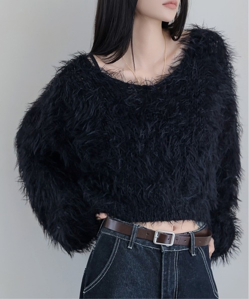 FINEnough(ファインナフ)の「ふんわりシャギーニットクロップド丈トップス(ニット/セーター・レディース・ベージュ/ホワイト/ブラック/グレー・FREE)」の13枚目の写真