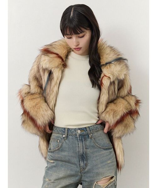 MURUA（ムルーア）の「フェイクファーラインジャガードコート（ステンカラーコート・レディース・その他/グレー/ブラウン・FREE）」の6枚目の写真