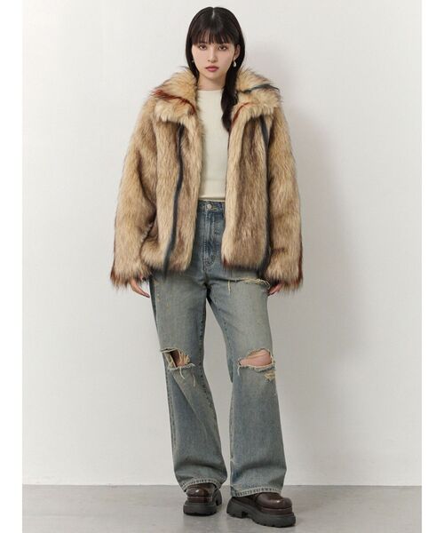 セール】フェイクファーラインジャガードコート（ステンカラーコート