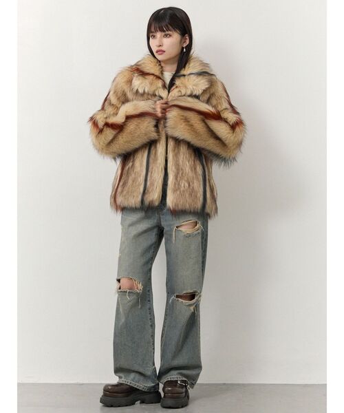 セール】フェイクファーラインジャガードコート（ステンカラーコート