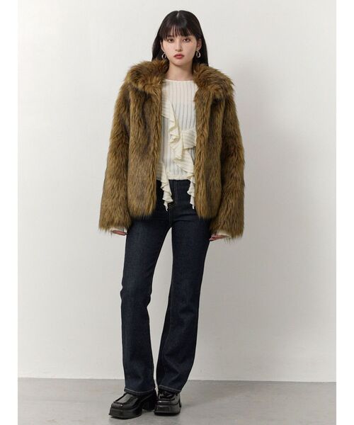 セール】フェイクファーラインジャガードコート（ステンカラーコート