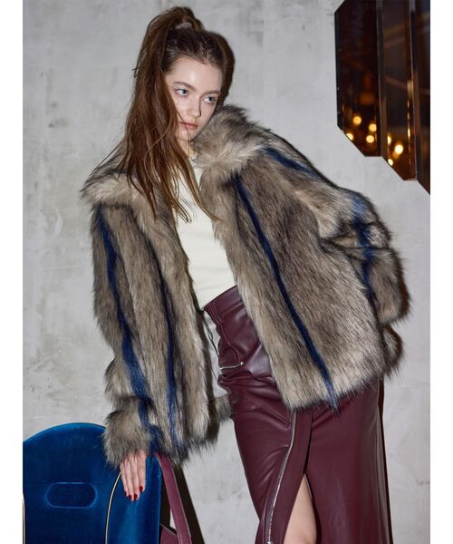 MURUA(ムルーア)の「フェイクファーラインジャガードコート(ステンカラーコート・レディース・その他/グレー/ブラウン・FREE)」の7枚目の写真