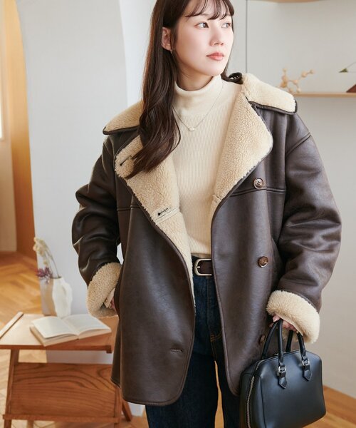 DISCOAT（ディスコート）の「フェイクムートンミドルコート（ムートンコート・レディース・ブラウン/ベージュ・FREE）」の5枚目の写真