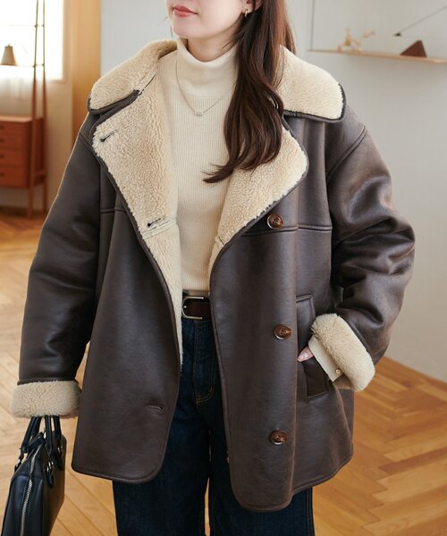 DISCOAT（ディスコート）の「フェイクムートンミドルコート（ムートンコート・レディース・ブラウン/ベージュ・FREE）」の4枚目の写真