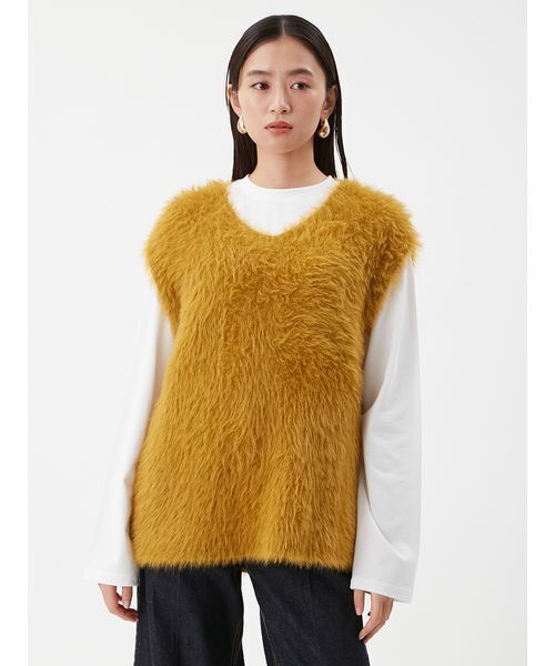Mila Owen（ミラオーウェン）の「Vネックシャギーニットベスト（ベスト・レディース・マスタード/アイボリー/ブラック・F）」の6枚目の写真