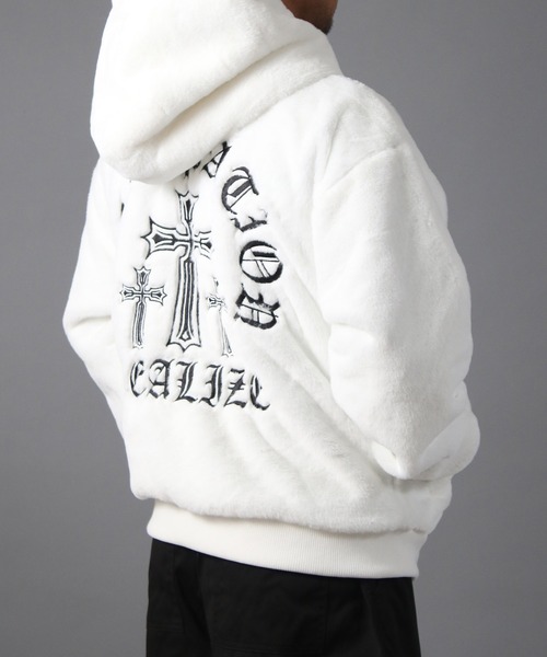 NYLAUS(ナイラス)の「【NYS】オールドイングリッシュ クロス刺繍 ZIPファーパーカー / ジップアップパーカー ユニセックス(パーカー・メンズ・ブラック/ホワイト・M/L)」の7枚目の写真