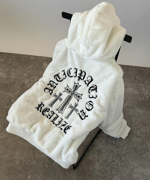 NYLAUS(ナイラス)の「【NYS】オールドイングリッシュ クロス刺繍 ZIPファーパーカー / ジップアップパーカー ユニセックス(パーカー・メンズ・ブラック/ホワイト・M/L)」の17枚目の写真
