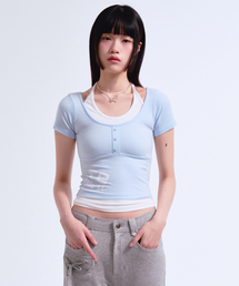 SHIRRING HALTERNECK LAYERED TEE SKY BLUE