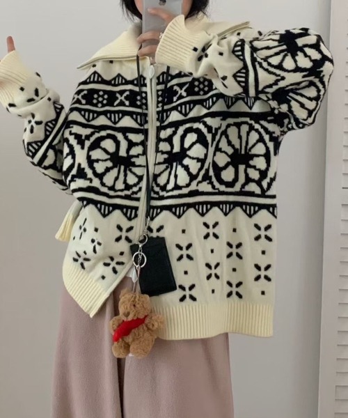 【アユミファイヤー】マークアンドロナ　ニット切り替え 総柄ジャケット 36 ﾉﾙﾃﾞｨｯｸ柄ｼﾞｯﾌﾟｱｯﾌﾟﾆｯﾄｼﾞｬｹｯﾄ（その他アウター）｜CADBURY